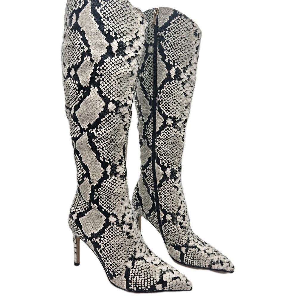 Snakeskin Knee High Boots Women Tall Boot Stiletto Heel Pointed Toe SIZE 9 Zip - Picture 1 of 11